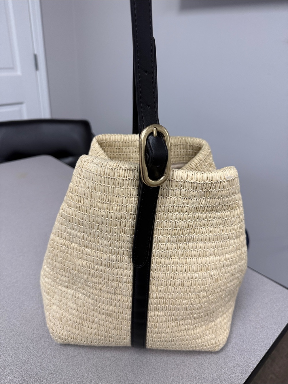 Old Navy Cream Woven Crossbody with Black Strap